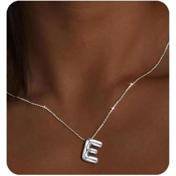 Silver Initial Pendant Necklace – Personalized Letter “E” Trendy Stuffed Bubble - Picture 1 of 5